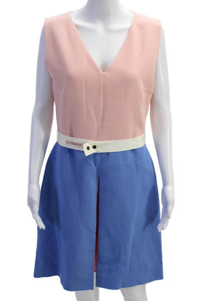 Roksanda Womens Color Block V-Neck Zip Back Fit & Flare Dress Pink Blue Size 14