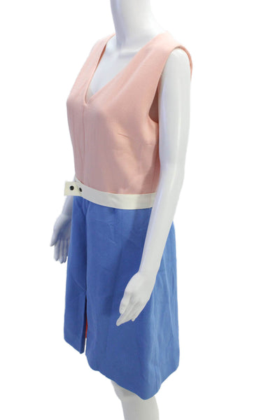 Roksanda Womens Color Block V-Neck Zip Back Fit & Flare Dress Pink Blue Size 14