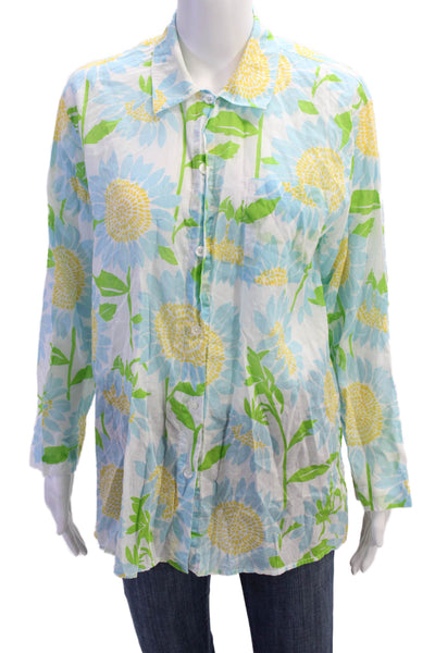 Lilly Pulitzer Womens Cotton Floral Collar Long Sleeve Buttoned Shirt Blue Sz M