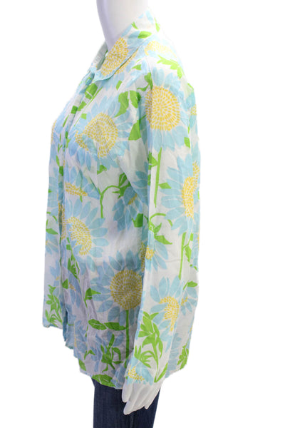 Lilly Pulitzer Womens Cotton Floral Collar Long Sleeve Buttoned Shirt Blue Sz M