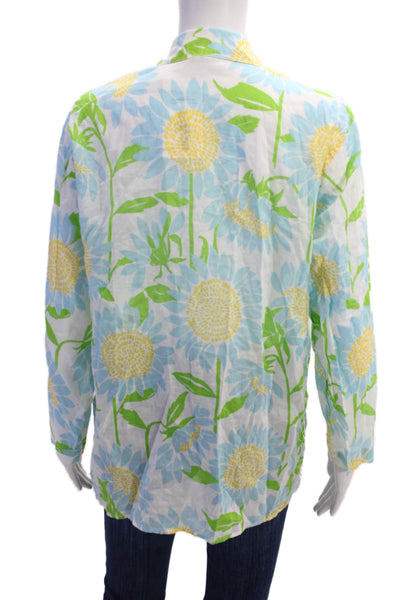 Lilly Pulitzer Womens Cotton Floral Collar Long Sleeve Buttoned Shirt Blue Sz M