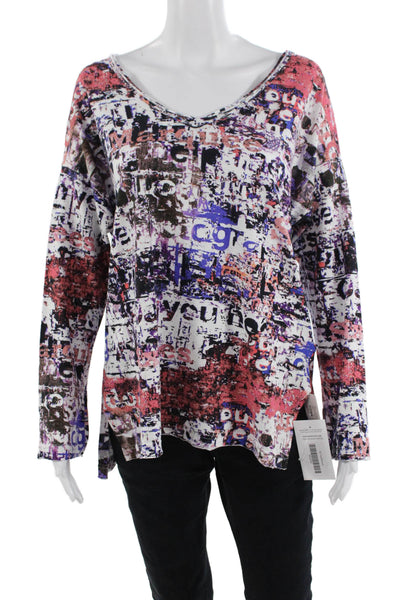 Printed Artworks Cotton Blend Abstract Long Sleeve T-Shirt Top White Size XS