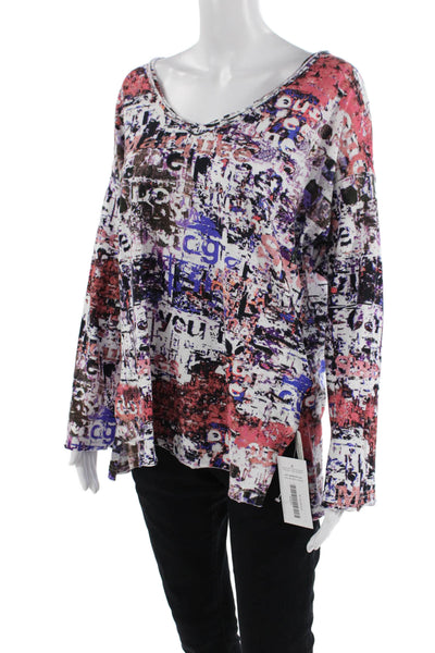 Printed Artworks Cotton Blend Abstract Long Sleeve T-Shirt Top White Size XS