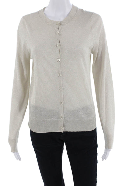 Enza Costa Womens Metallic Long Sleeve Button Up Knit Top Beige Size S