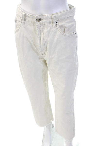 Zara Womens High Rise Button Up Raw Hem Jeans White Cotton Size 6
