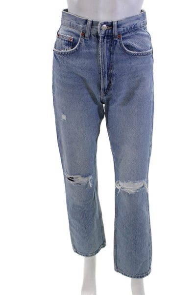 Zara Womens Cotton Distressed Straight Leg Zip Fly Denim Jeans Light Blue Size 2
