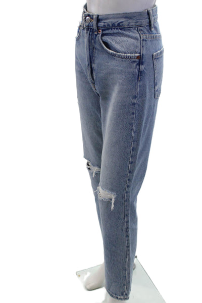 Zara Womens Cotton Distressed Straight Leg Zip Fly Denim Jeans Light Blue Size 2