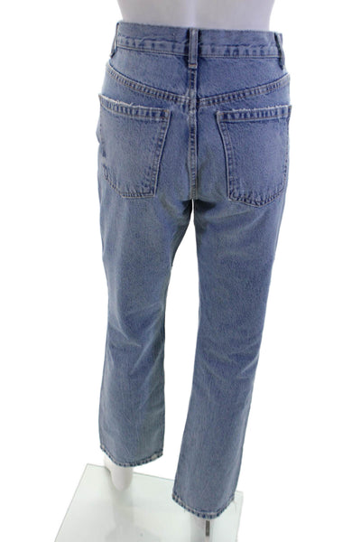 Zara Womens Cotton Distressed Straight Leg Zip Fly Denim Jeans Light Blue Size 2