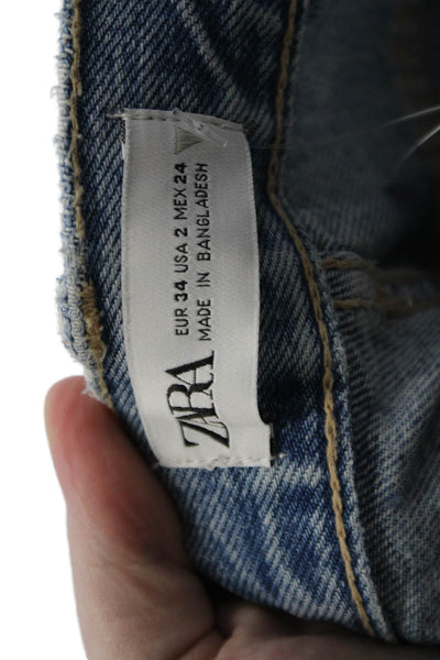 Zara Womens Cotton Distressed Straight Leg Zip Fly Denim Jeans Light Blue Size 2