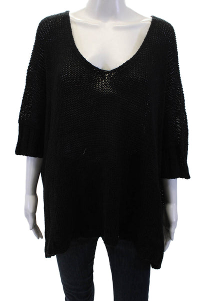Donna Karan Womens Linen V-Neck Short Sleeve Knit Sweater Black Size S