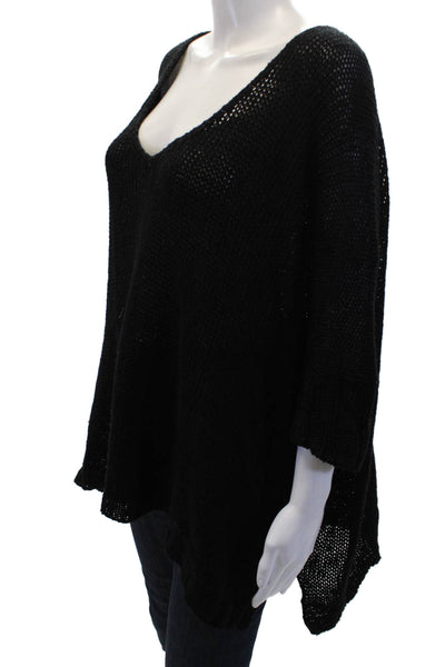 Donna Karan Womens Linen V-Neck Short Sleeve Knit Sweater Black Size S