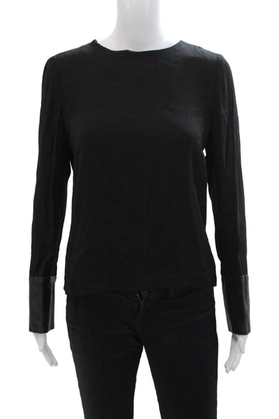 Nellie Partow Womens Leather Contrast Trim Long Sleeves Blouse Black Size Small