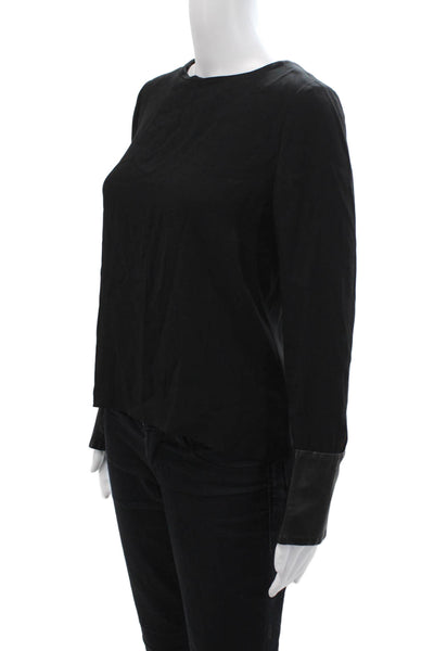 Nellie Partow Womens Leather Contrast Trim Long Sleeves Blouse Black Size Small