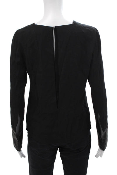 Nellie Partow Womens Leather Contrast Trim Long Sleeves Blouse Black Size Small