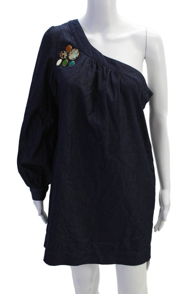 7 For All Mankind Womens Denim One Shoulder Long Sleeves Dress Blue Size Medium