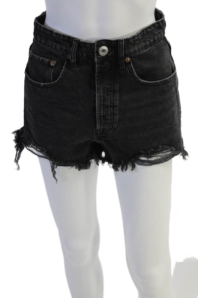 Zara Womens Denim Button Up High Rise Cut Off Shorts Black Cotton Size 4