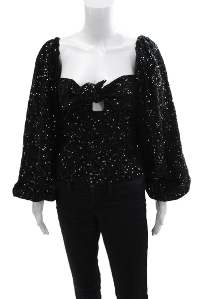 Designer Womens Sequins Tie Front Off Shoulder 3/4 Sleeve Top Black Size 36