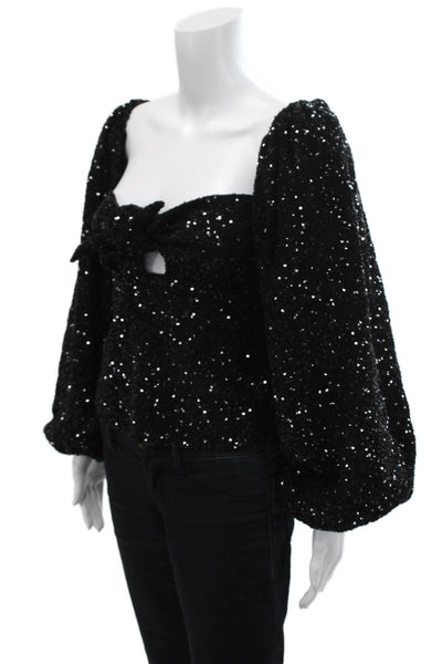 Designer Womens Sequins Tie Front Off Shoulder 3/4 Sleeve Top Black Size 36