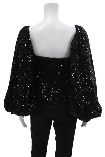Designer Womens Sequins Tie Front Off Shoulder 3/4 Sleeve Top Black Size 36