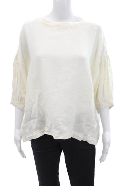 Apiece Apart Womens Linen Crew Neck 3/4 Sleeve Blouse Top Beige Size M