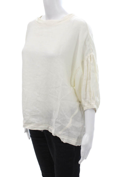 Apiece Apart Womens Linen Crew Neck 3/4 Sleeve Blouse Top Beige Size M