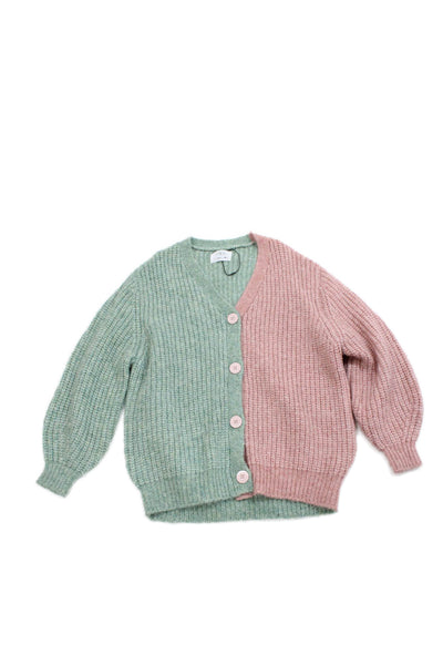Zara Girls Button Front V Neck Split Cardigan Sweater Pink Green Size 13-14