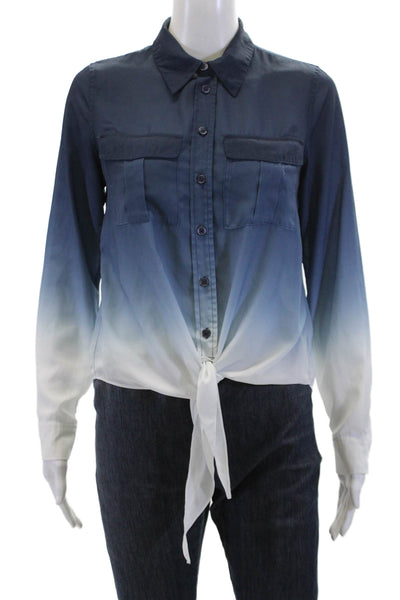 INC International Concepts Womens Ombre Print Buttoned Tied Blouse Blue Size 0