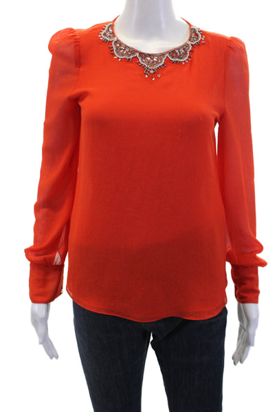 Zara Trafaluc Womens Embroidered Beaded Long Sleeve Blouse Red Size XS