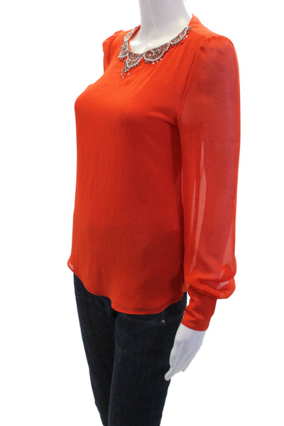 Zara Trafaluc Womens Embroidered Beaded Long Sleeve Blouse Red Size XS