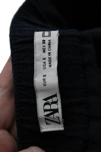 Zara Womens Linen Blend High Rise Slim Leg Pants Navy Blue Size Small