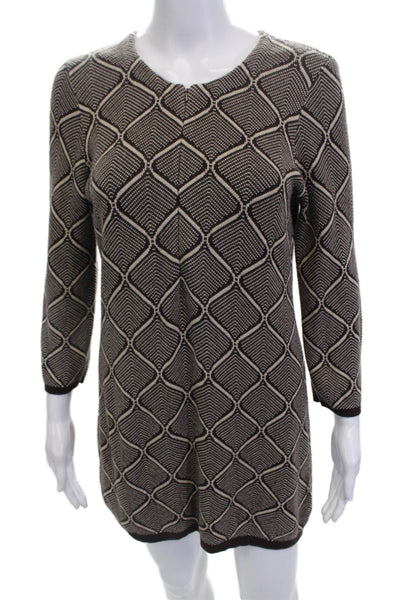 J. Mclaughlin Womens 3/4 Sleeve Crew Neck Mini Sweater Dress Brown White Medium