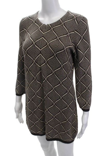 J. Mclaughlin Womens 3/4 Sleeve Crew Neck Mini Sweater Dress Brown White Medium