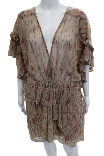 IRO Womens Short Sleve V Neck Metallic Knit Printed Dress Brown Size FR 42