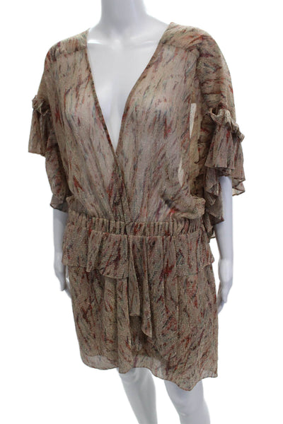 IRO Womens Short Sleve V Neck Metallic Knit Printed Dress Brown Size FR 42