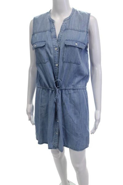 Soft Joie Womens Button Front Drawstring V Neck Mini Dress Blue Size Small