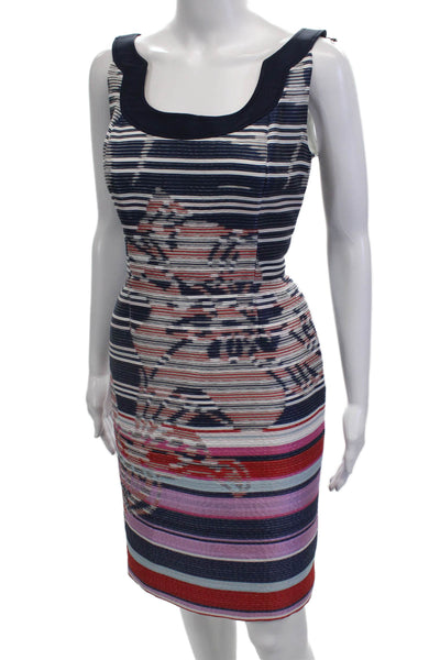 Carolina Herrera Womens Back Zip Scoop Neck Sheath Dress Blue Multi Size 4