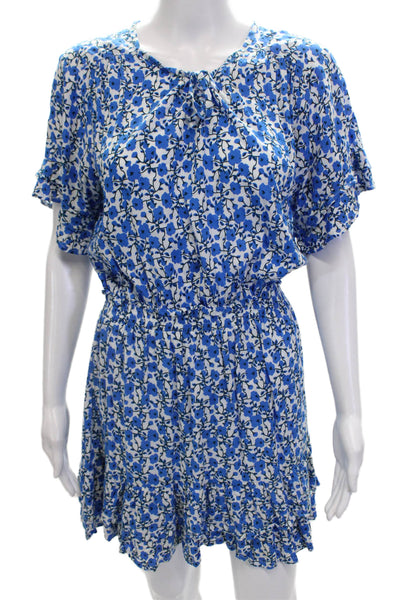 Walker & Wade Womens Short Sleeve Keyhole Floral A Line Dress White Blue Small