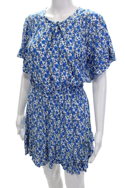 Walker & Wade Womens Short Sleeve Keyhole Floral A Line Dress White Blue Small