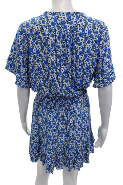 Walker & Wade Womens Short Sleeve Keyhole Floral A Line Dress White Blue Small