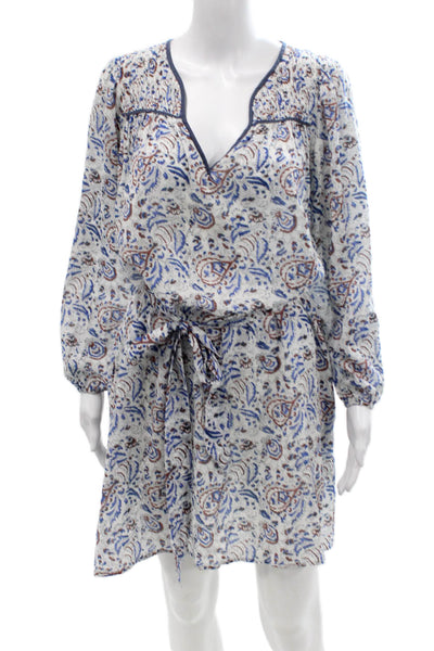 Xirena Womens Cotton Paisley V-Neck Long Sleeve Pockets Dress Blue Size XS