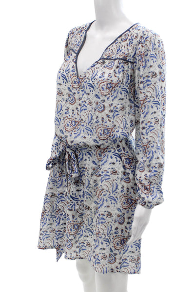Xirena Womens Cotton Paisley V-Neck Long Sleeve Pockets Dress Blue Size XS