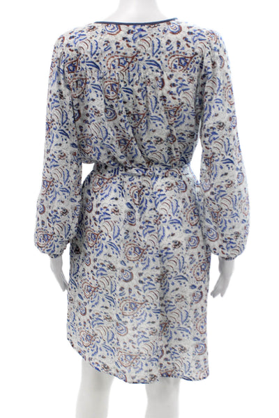 Xirena Womens Cotton Paisley V-Neck Long Sleeve Pockets Dress Blue Size XS