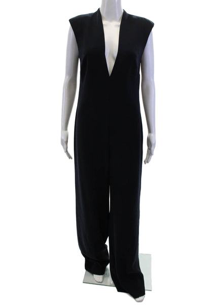 Monique Lhuillier Women's V-Neck Sleeveless Straight Leg Jumpsuit Blue Size S