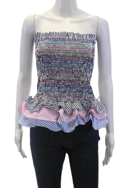 Do+Be Womens Striped Strapless Smocked Peplum Blouse Top Navy Size S