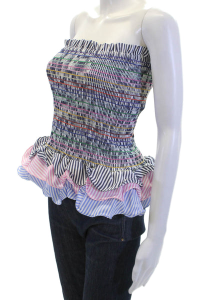 Do+Be Womens Striped Strapless Smocked Peplum Blouse Top Navy Size S