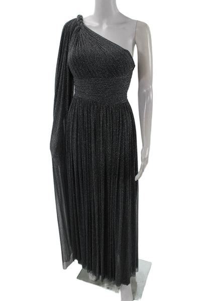 Elie Saab Womens Side Zip One Shoulder Metallic Knit Draped Gown Gray Size FR 36
