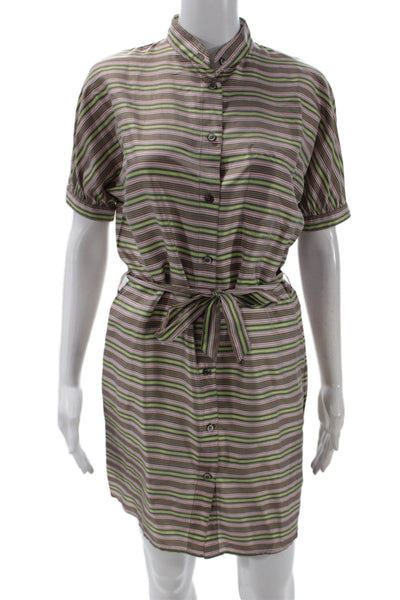Paul & Joe Womens Silk Striped Buttoned Belt Short Sleeve Dress Brown Size 36