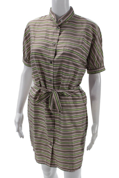 Paul & Joe Womens Silk Striped Buttoned Belt Short Sleeve Dress Brown Size 36