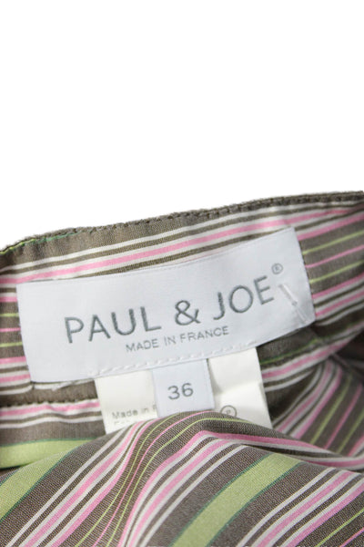 Paul & Joe Womens Silk Striped Buttoned Belt Short Sleeve Dress Brown Size 36