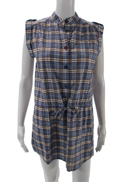 Sessun Womens Cotton Plaid Tie Front Buttoned Sleeveless Dress Blue Size M